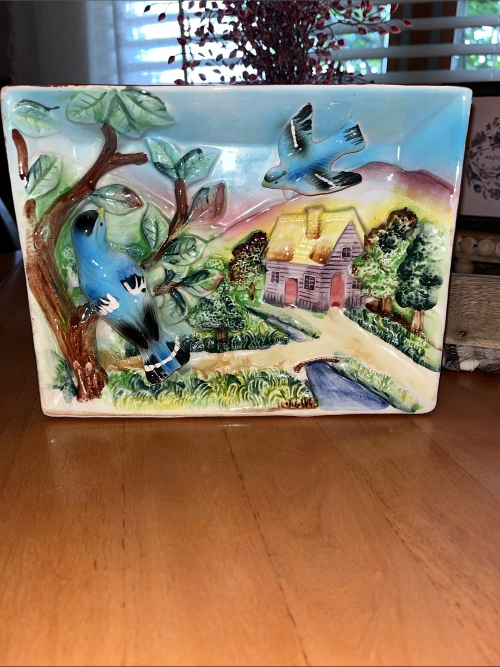Vintage Blue Bird Scenic Ceramic Wall Art Plaque, made in Japan